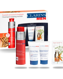 CLARINS SET Men Gel Energisant 50ml + Shampooing Douche 30ml + Pochette + Nettoyant Visage 30ml + Double Serum Eye Sample