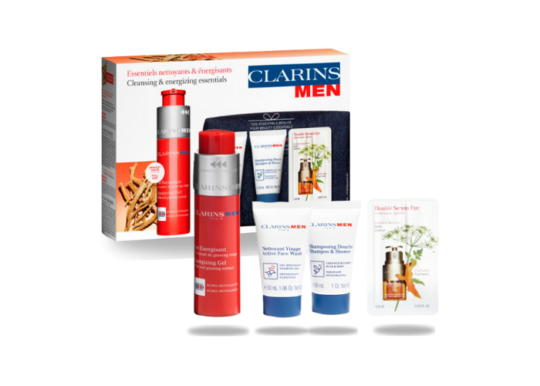 CLARINS SET Men Gel Energisant 50ml + Shampooing Douche 30ml + Pochette + Nettoyant Visage 30ml + Double Serum Eye Sample