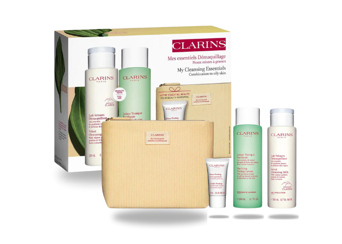 CLARINS SET Lotion Tonique Purifiante 200ml + Lait Velours Demaquillant 200ml + Doux Peeling Creme Gommante 15ml + Pochette