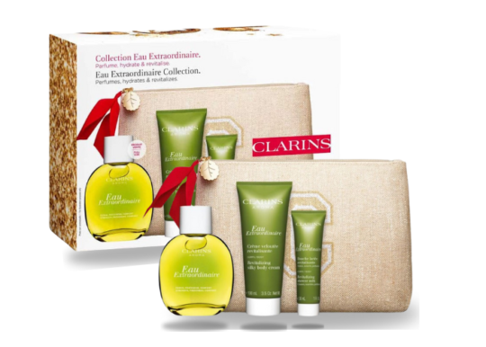 CLARINS SET Eau Extraordinaire 100ml + Creme Revitalisante 100ml + Pochette + Douche Lactee Revitalisante 30ml